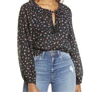 Billabong Lightweight Sheer Blouse Boho Top in Black Floral Print Tassels